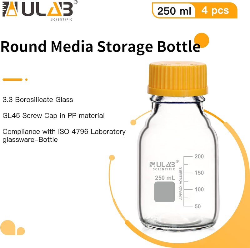 ULAB Round Media Storage Bottle, Vol.250ml(8.5oz) 3.3 Borosilicate Glass Storage Bottles with GL45 Screw Cap, Pack of 4, URB1035 - Image 4